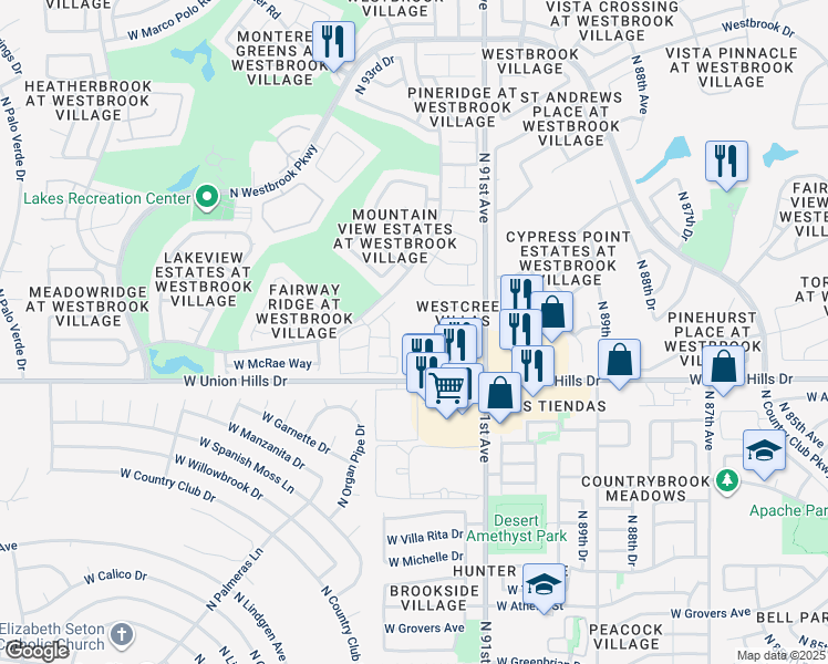 map of restaurants, bars, coffee shops, grocery stores, and more near 18711 North 92nd Drive in Peoria