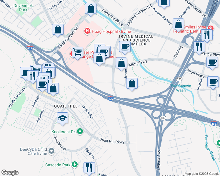 map of restaurants, bars, coffee shops, grocery stores, and more near 16576 Laguna Canyon Road in Irvine