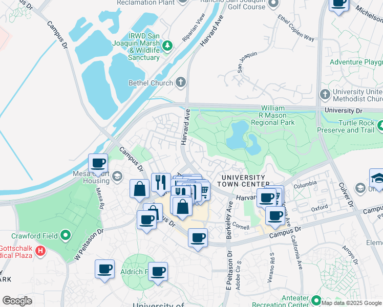 map of restaurants, bars, coffee shops, grocery stores, and more near 37 Vassar Aisle in Irvine