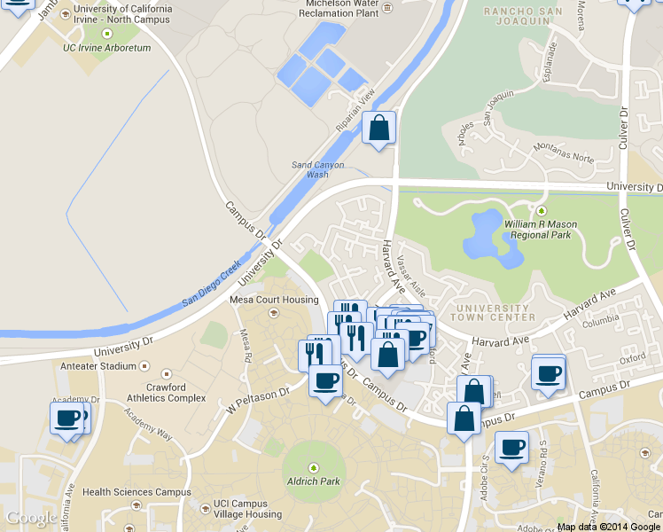 map of restaurants, bars, coffee shops, grocery stores, and more near 540 Stanford Court in Irvine