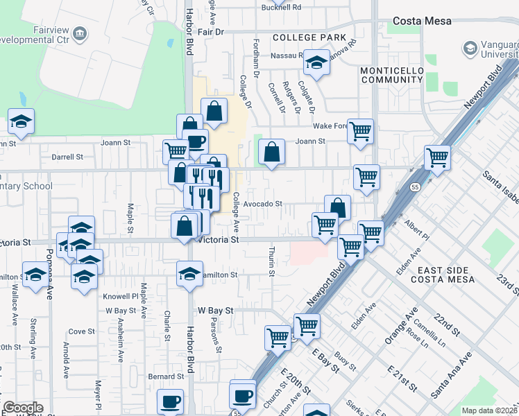map of restaurants, bars, coffee shops, grocery stores, and more near 371 Avocado Street in Costa Mesa