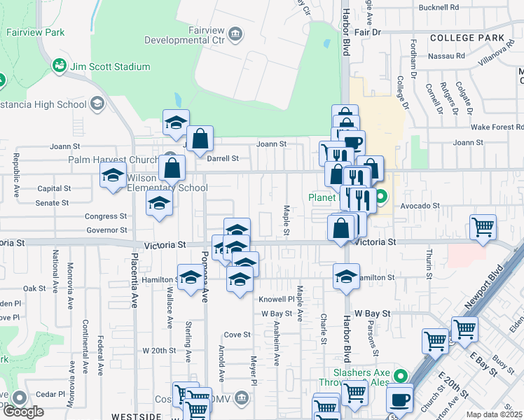 map of restaurants, bars, coffee shops, grocery stores, and more near 603 San Michel Drive North in Costa Mesa