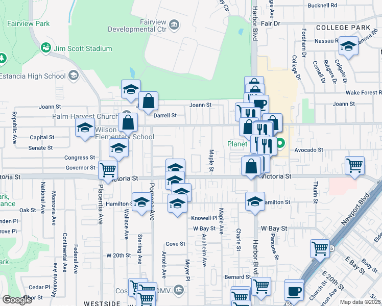 map of restaurants, bars, coffee shops, grocery stores, and more near 603 San Michel Drive North in Costa Mesa