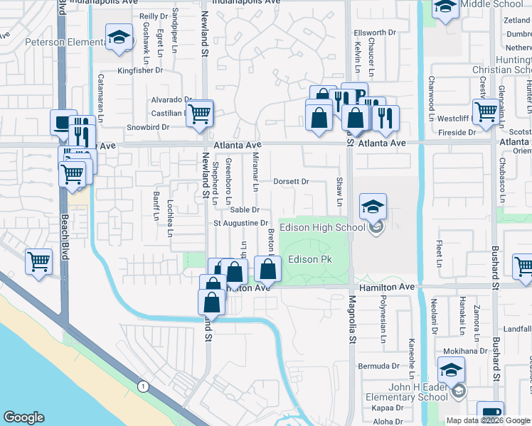map of restaurants, bars, coffee shops, grocery stores, and more near 8631 Saint Augustine Drive in Huntington Beach