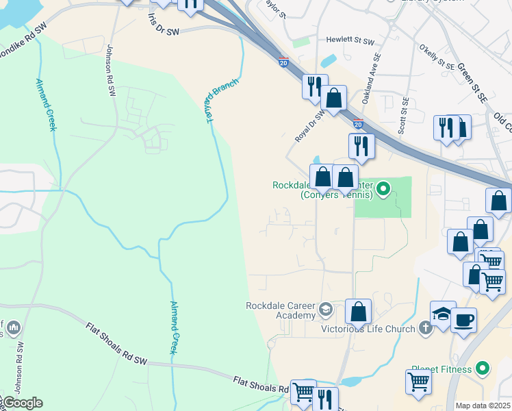 map of restaurants, bars, coffee shops, grocery stores, and more near 1137 Brett Drive Southwest in Conyers