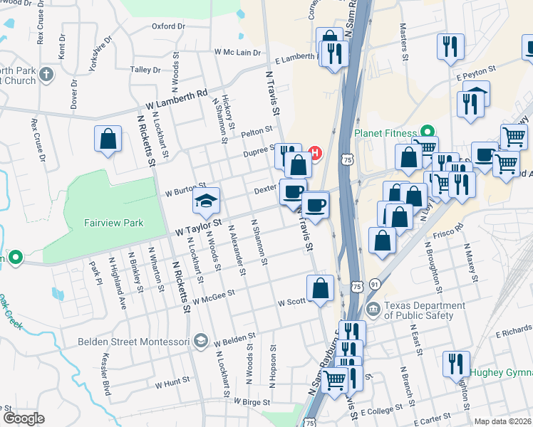 map of restaurants, bars, coffee shops, grocery stores, and more near 222 West Taylor Street in Sherman