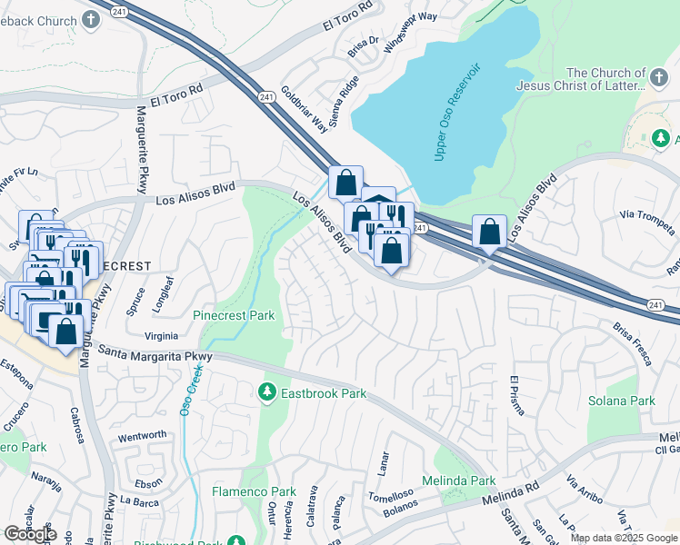 map of restaurants, bars, coffee shops, grocery stores, and more near 21235 San Miguel in Mission Viejo