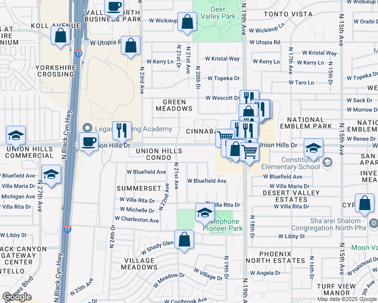 map of restaurants, bars, coffee shops, grocery stores, and more near 2039 West Union Hills Drive in Phoenix