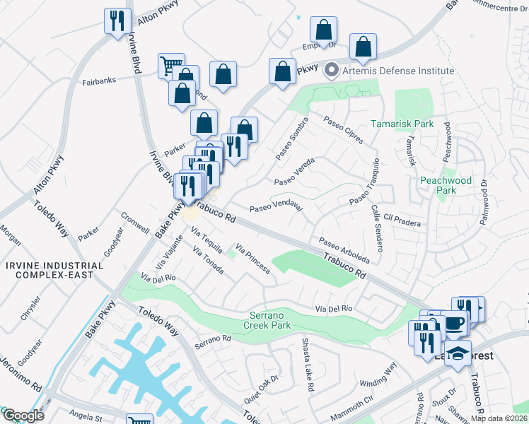 map of restaurants, bars, coffee shops, grocery stores, and more near 24755 Trabuco Road in Lake Forest