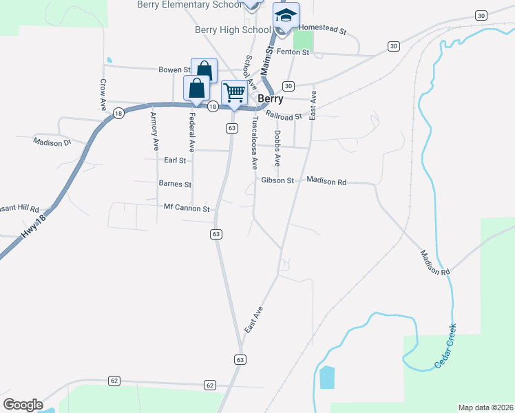 map of restaurants, bars, coffee shops, grocery stores, and more near 344-498 Tuscaloosa Avenue in Berry