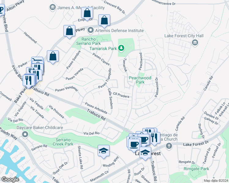 map of restaurants, bars, coffee shops, grocery stores, and more near 25171 Calle Pradera in Lake Forest
