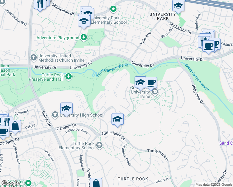 map of restaurants, bars, coffee shops, grocery stores, and more near 1 Falling Leaf in Irvine