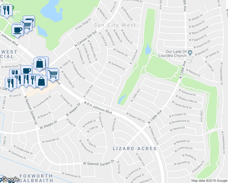 map of restaurants, bars, coffee shops, grocery stores, and more near 13202 West Copperstone Drive in Sun City West