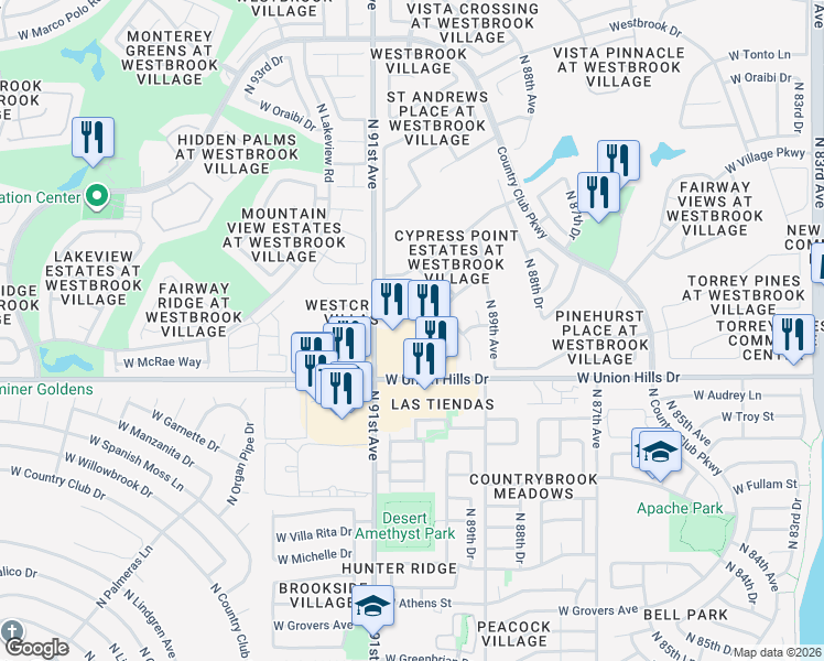 map of restaurants, bars, coffee shops, grocery stores, and more near 9044 West Union Hills Drive in Peoria