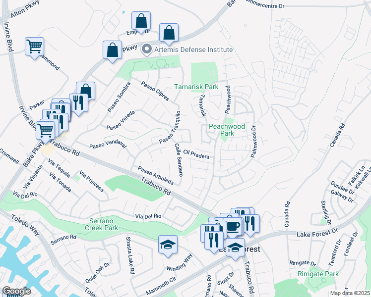 map of restaurants, bars, coffee shops, grocery stores, and more near 25171 Calle Pradera in Lake Forest
