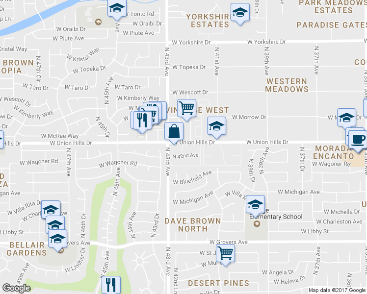 map of restaurants, bars, coffee shops, grocery stores, and more near 201 North 42nd Avenue in Glendale