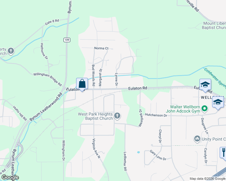 map of restaurants, bars, coffee shops, grocery stores, and more near 4705 Eulaton Road in Anniston