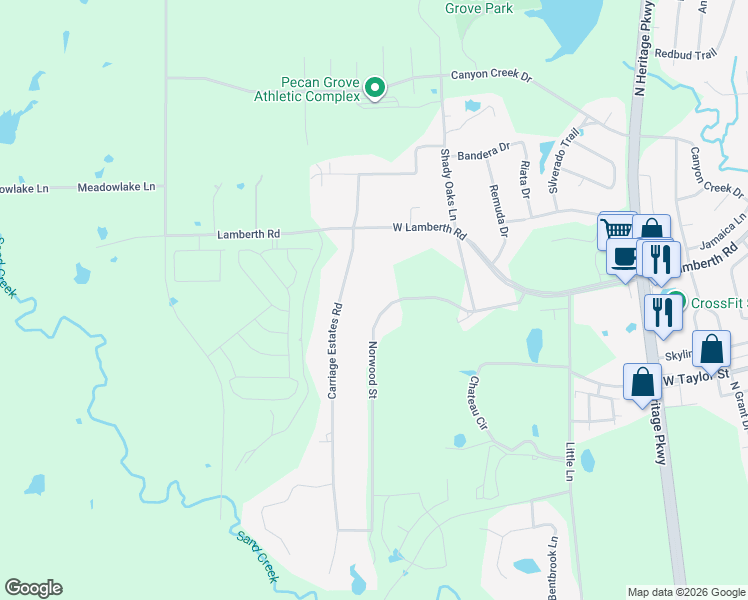 map of restaurants, bars, coffee shops, grocery stores, and more near 253 Norwood Road in Sherman