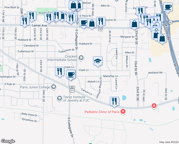 map of restaurants, bars, coffee shops, grocery stores, and more near 2985 Mahaffey Lane in Paris