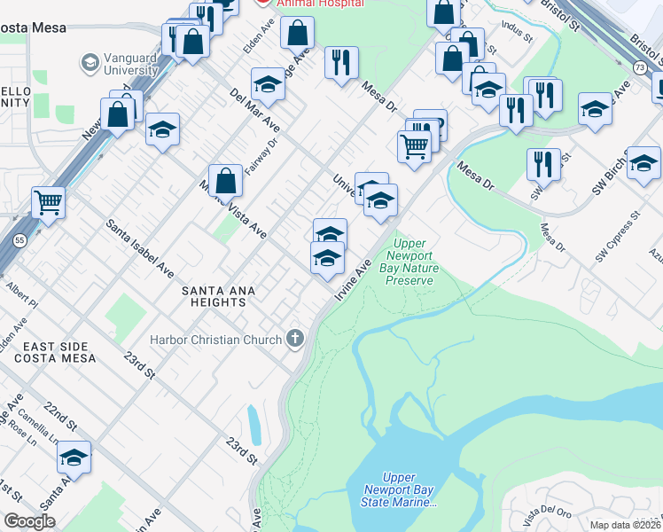 map of restaurants, bars, coffee shops, grocery stores, and more near 380 Monte Vista Avenue in Costa Mesa