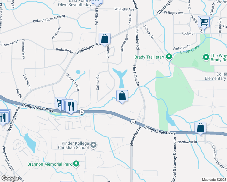 map of restaurants, bars, coffee shops, grocery stores, and more near 3710 Charles Drive in East Point
