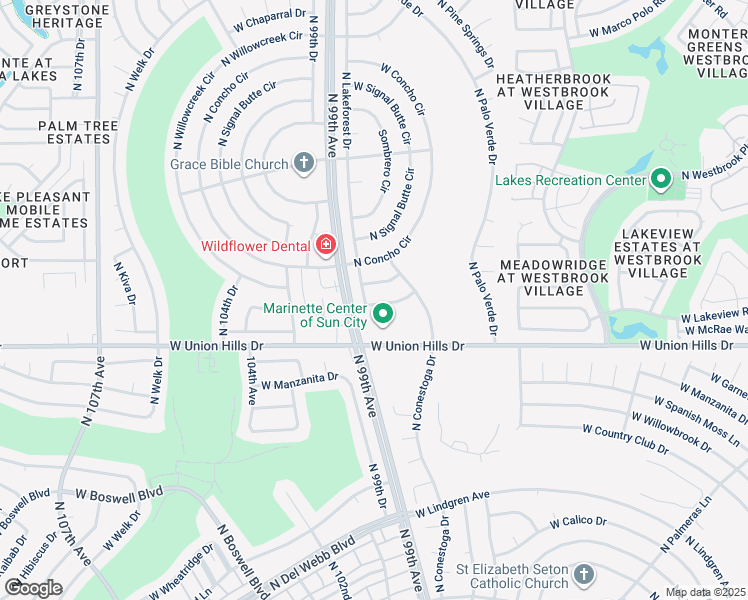 map of restaurants, bars, coffee shops, grocery stores, and more near 18806 Aztec Drive in Sun City