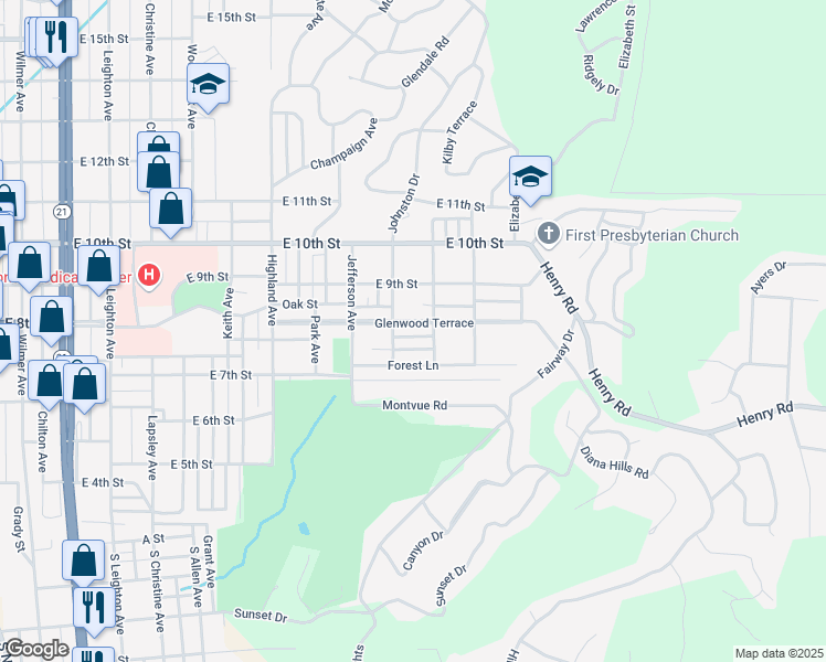 map of restaurants, bars, coffee shops, grocery stores, and more near 1114 Glenwood Terrace in Anniston