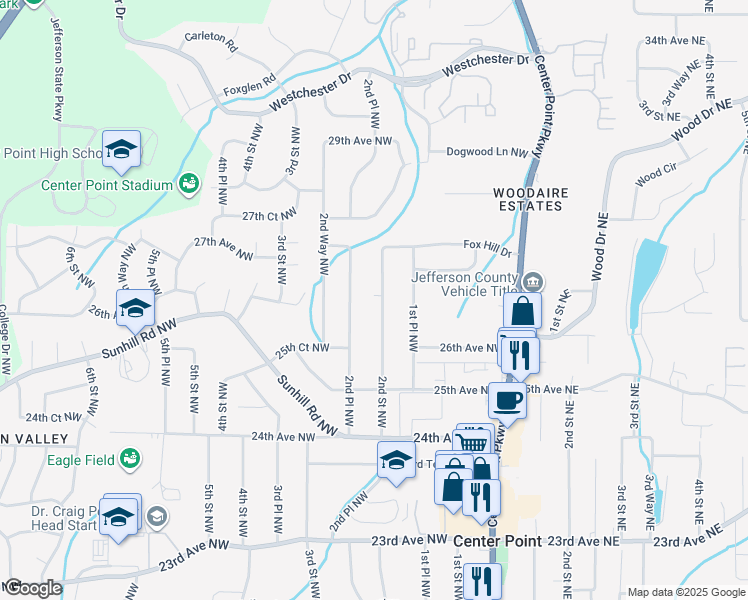 map of restaurants, bars, coffee shops, grocery stores, and more near 2622 2nd Street Northwest in Birmingham