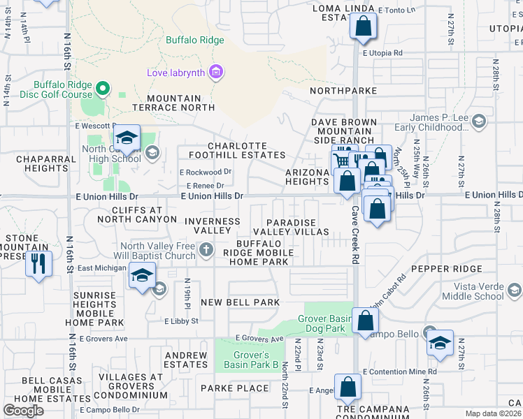 map of restaurants, bars, coffee shops, grocery stores, and more near 2065 East Union Hills Drive in Phoenix