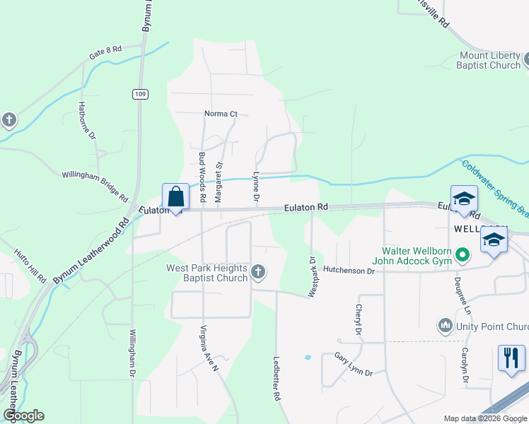map of restaurants, bars, coffee shops, grocery stores, and more near 4705 Eulaton Road in Anniston