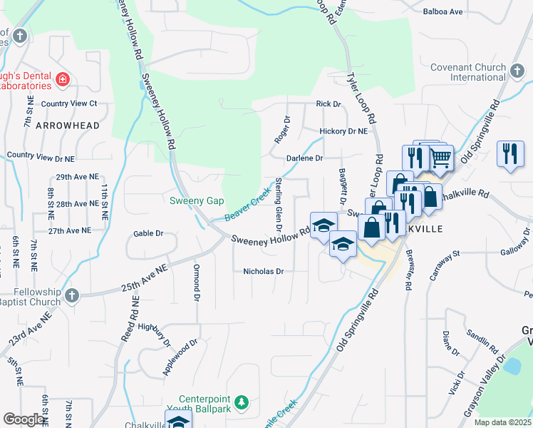 map of restaurants, bars, coffee shops, grocery stores, and more near 5124 Sterling Glen Drive in Pinson
