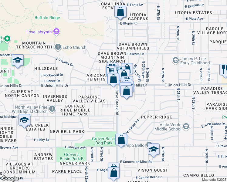 map of restaurants, bars, coffee shops, grocery stores, and more near 18416 North Cave Creek Road in Phoenix