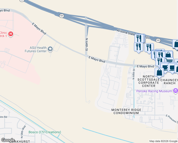 map of restaurants, bars, coffee shops, grocery stores, and more near E Mayo Blvd in Phoenix