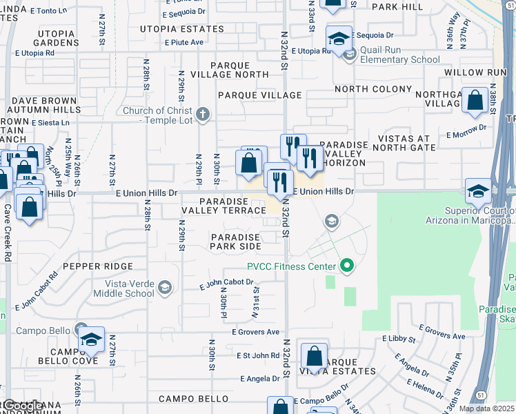 map of restaurants, bars, coffee shops, grocery stores, and more near 18350 North 32nd Street in Phoenix