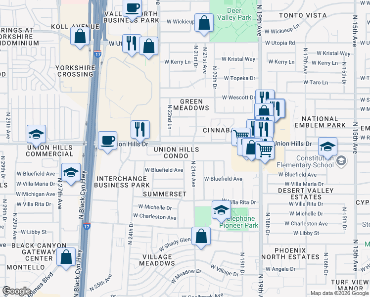 map of restaurants, bars, coffee shops, grocery stores, and more near 2210 West Wagoner Road in Phoenix