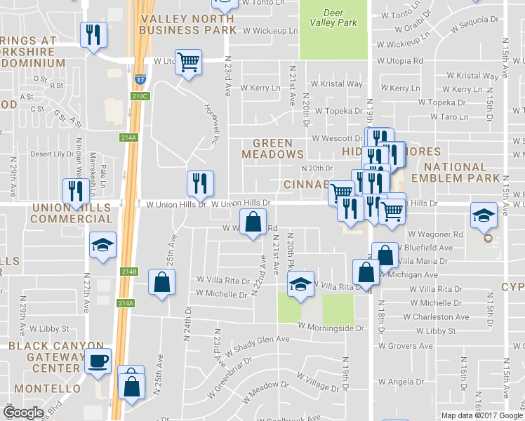 map of restaurants, bars, coffee shops, grocery stores, and more near 2210 West Wagoner Road in Phoenix