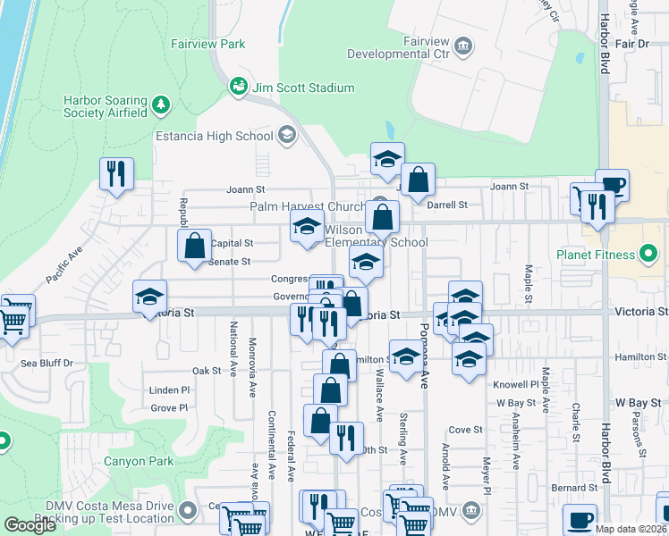 map of restaurants, bars, coffee shops, grocery stores, and more near 2188 Placentia Avenue in Costa Mesa