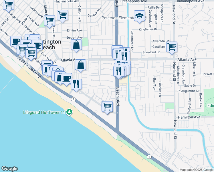 map of restaurants, bars, coffee shops, grocery stores, and more near 7906 Seabreeze Drive in Huntington Beach