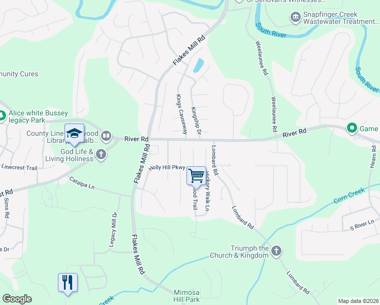 map of restaurants, bars, coffee shops, grocery stores, and more near 4261 Boxwood Trail in Ellenwood