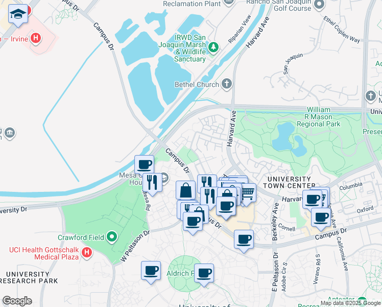 map of restaurants, bars, coffee shops, grocery stores, and more near 385 Stanford in Irvine