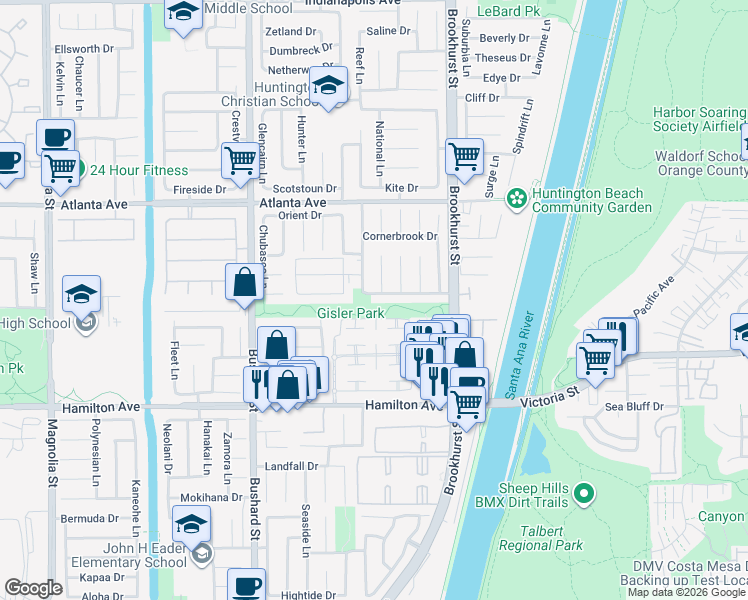 map of restaurants, bars, coffee shops, grocery stores, and more near 9792 Strathmoor Lane in Huntington Beach