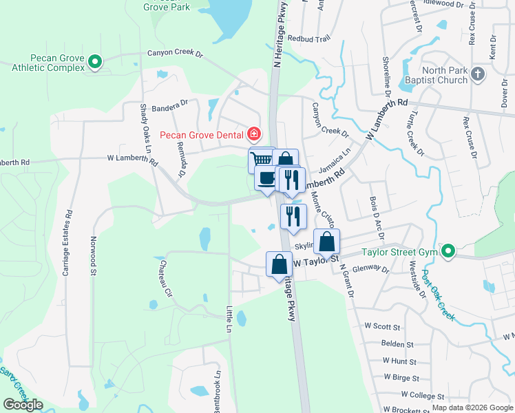 map of restaurants, bars, coffee shops, grocery stores, and more near 2116 Farm to Market Road 1417 in Sherman