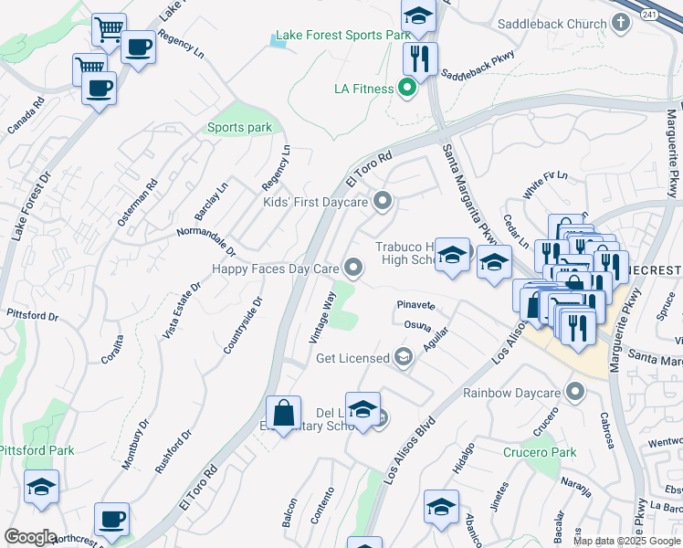 map of restaurants, bars, coffee shops, grocery stores, and more near 27122 Valleymont Road in Lake Forest