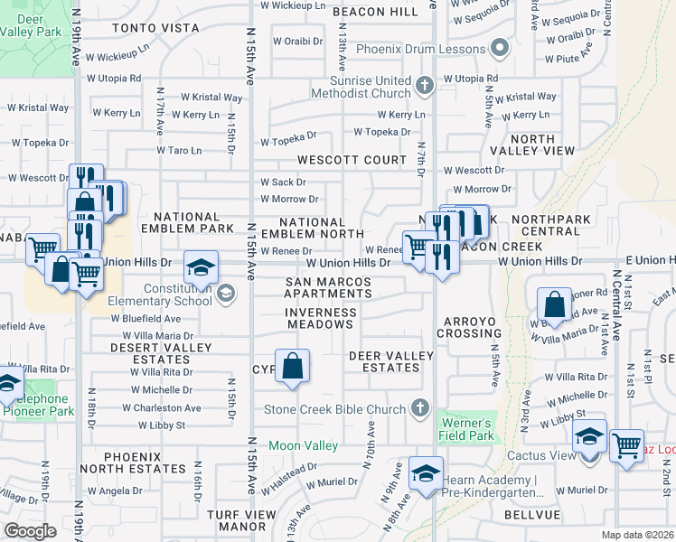 map of restaurants, bars, coffee shops, grocery stores, and more near 18429 North 11th Avenue in Phoenix