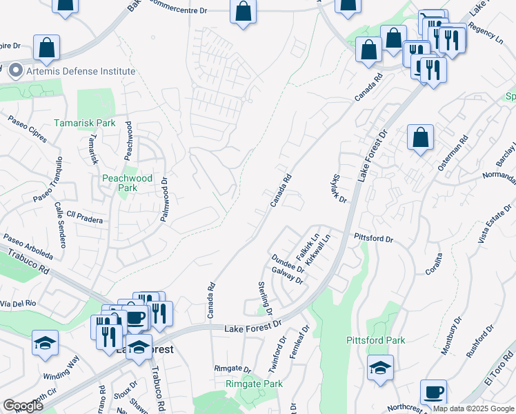 map of restaurants, bars, coffee shops, grocery stores, and more near 21141 Canada Road in Lake Forest
