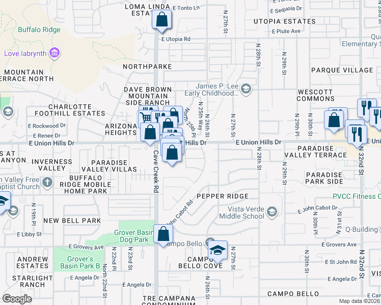 map of restaurants, bars, coffee shops, grocery stores, and more near 2534 East Wagoner Road in Phoenix