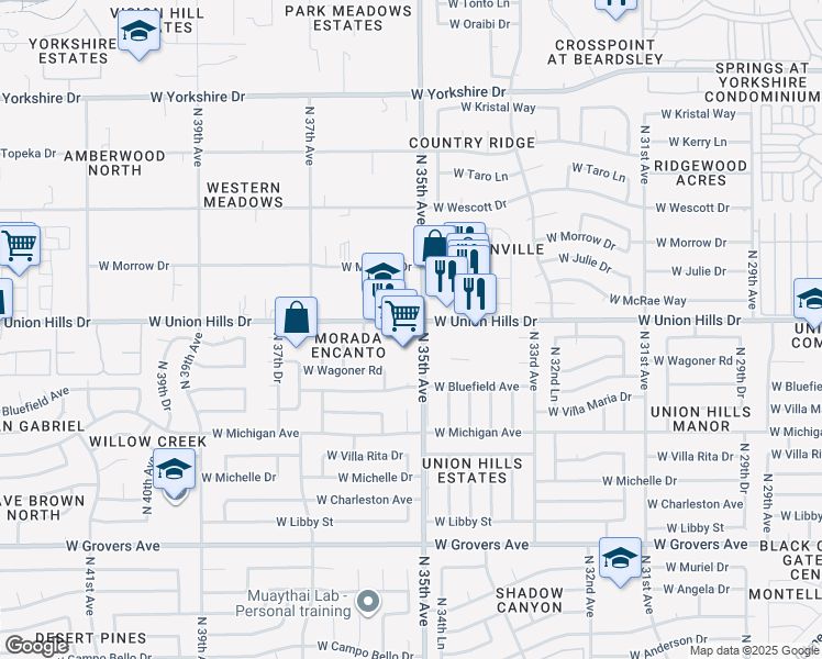 map of restaurants, bars, coffee shops, grocery stores, and more near 3501 West Union Hills Drive in Glendale