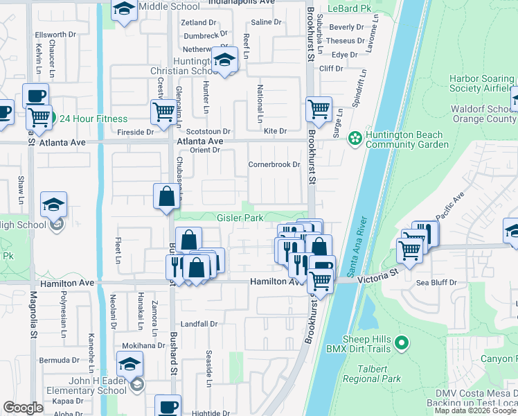 map of restaurants, bars, coffee shops, grocery stores, and more near 9802 Effingham Drive in Huntington Beach