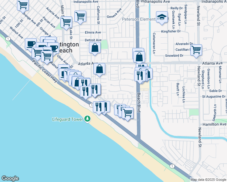 map of restaurants, bars, coffee shops, grocery stores, and more near 7806 Seabreeze Drive in Huntington Beach