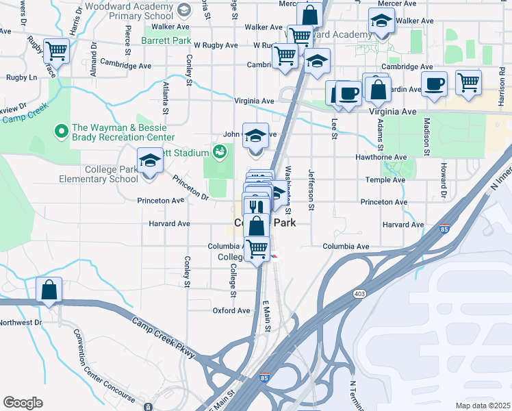 map of restaurants, bars, coffee shops, grocery stores, and more near in College Park